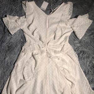 Swiss Dot White Ruffle Dress with Peep Shoulder